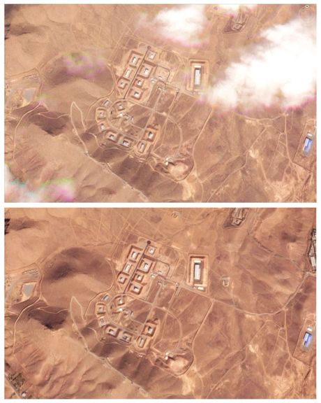 A combination of satellite images shows Khojir rocket motor casting facility near Teheran, Iran October 24, 2024, and the same facility on October 26, 2024, in an aftermath what an American researcher said was an Israeli airstrike hitting a building that was part of Iran's defunct nuclear weapons development program.