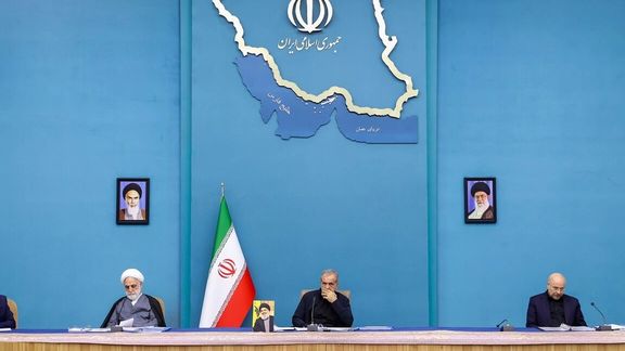 President Masoud Pezeshkian (center), Parliament Speaker Mohammad Bagher Ghalibaf (right), and Judiciary Chief Gholam-Hossein Mohseni-Eje'i during a meeting of Iran's Supreme Council of Cyberspace, December 24, 2024