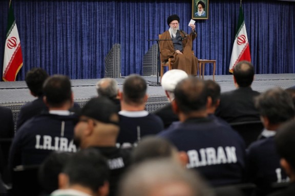 Iran’s Supreme Leader Ali Khamenei meets hundreds of national sports champions and winners of international science Olympiads at the Imam Khomeini Hussainiya in Tehran, October 20, 2025.