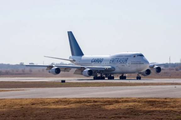 A view of the Boeing 747 aircraft registered with the number YV3531 of Venezuelan Emtrasur Cargo airline, at the Cordoba International airport, Ambrosio Taravella, in Cordoba, Argentina, June 6, 2022.