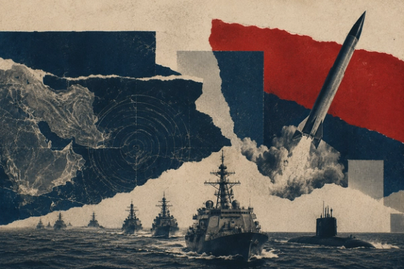 AI-generated editorial illustration depicting missile development, regional military technology and the potential threat to US naval forces. Image created for illustrative purposes.