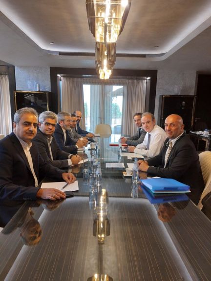 Delegations led by European Union foreign policy official Enrique Mora and Iran’s chief nuclear negotiator Ali Bagheri-Kani during a meeting in Qatar on June 21, 2023