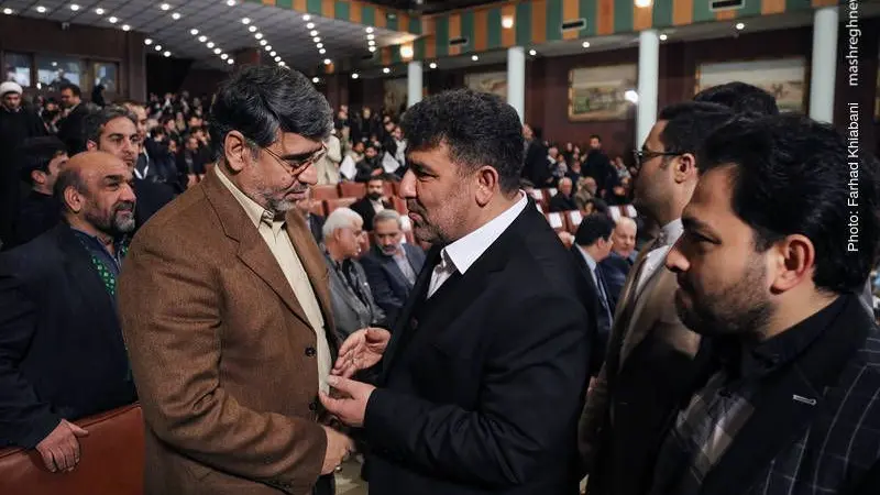Saeed Haddadian, Ali Khamenei's favorite eulogizer, and Reza Seraj at a ceremony honoring Qasem Soleimani in 2017.
