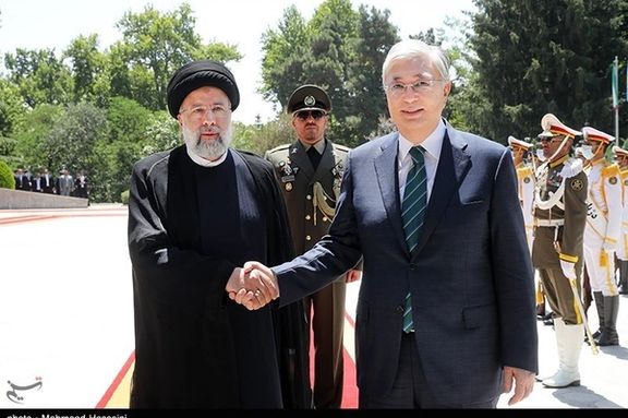 Iranian President Ebrahim Raeisi welcomed Kazakhstan's president Kassym-Jomart Tokayev at Saad Abad palace in Tehran on June 19, 2022.