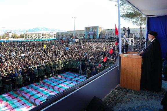 Iran's President Ebrahim Raisi speaks during a funeral ceremony in Kerman, Iran, January 5, 2024.