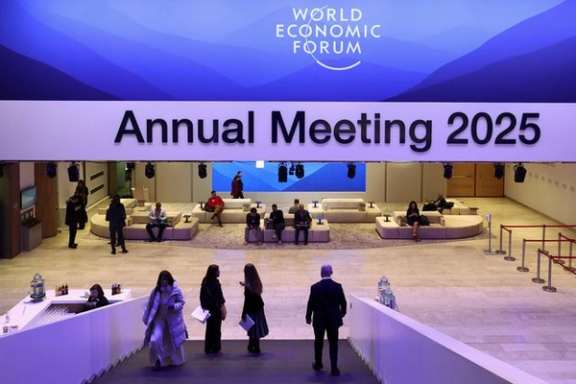 A logo of the World Economic Forum is seen inside the Congress Center on the opening day of the 55th annual meeting of the World Economic Forum (WEF) in Davos, Switzerland, January 20, 2025.