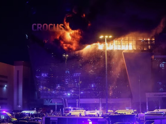 Flames seen at Crocus theater near Moscow on March 22, 2024