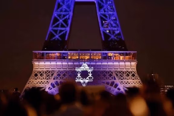 Eiffel Tower lit up in blue with the white Star of David following Hamas' October 7 attack on Israel