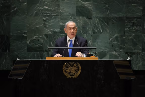 Israeli Prime Minister Benjamin Netanyahu addresses the 78th Session of the UN General Assembly in New York City, September 22, 2023.