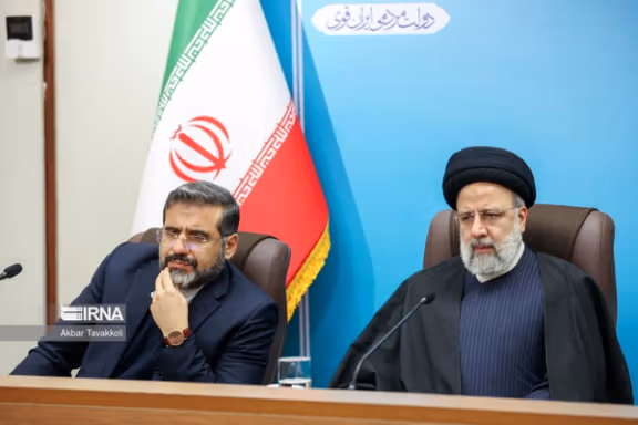 Iran's President Ebrahim Raisi (right) and Mohammad Mahdi Esmaeili, the minister of culture and Islamic guidance, during a meeting on January 16, 2024