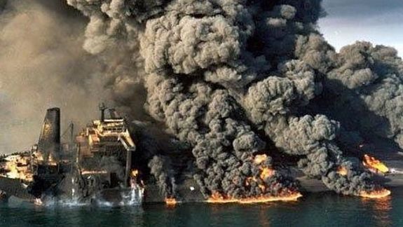 The Sanchi tanker on fire after a collision in 2018