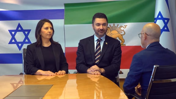 Israeli Minister of Science and Technology Gila Gamliel (left), Prince Reza Pahlavi's top advisor Saeed Ghasseminejad (center) and Iran International correspondent Babak Es'haghi