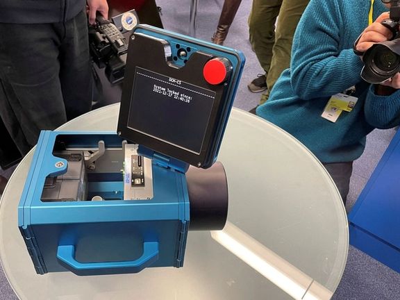 A surveillance camera presented by International Atomic Energy Agency Director General Rafael Grossi is seen at the agency's headquarters during a news conference in Vienna, Austria, December 17, 2021.