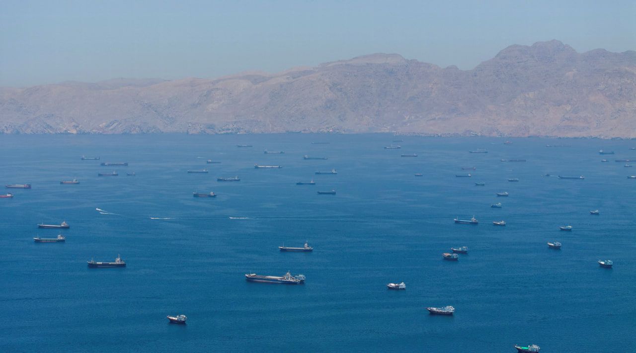 A drone view shows vessels anchored at the Strait of Hormuz, as seen from Musandam, Oman, May 25, 2026. 
