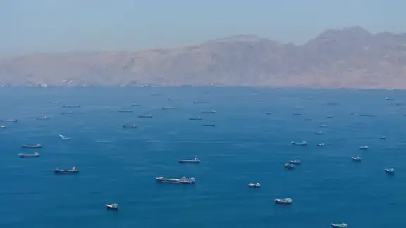 A drone view shows vessels anchored at the Strait of Hormuz, as seen from Musandam, Oman, May 25, 2026.