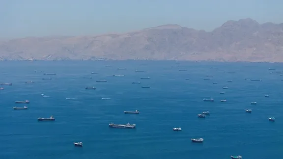 A drone view shows vessels anchored at the Strait of Hormuz, as seen from Musandam, Oman, May 25, 2026.