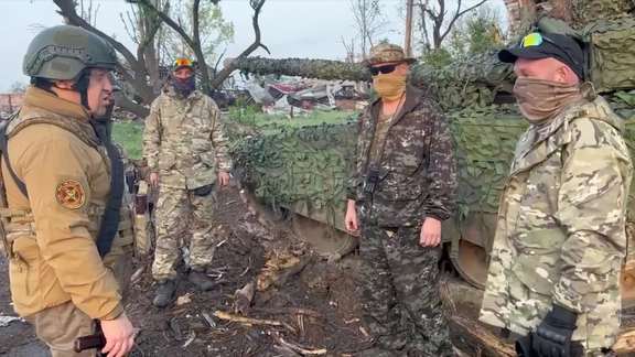 Founder of Wagner private mercenary group Yevgeny Prigozhin talks to Wagner fighters in the course of Russia-Ukraine conflict in Bakhmut, Ukraine, in this still image taken from video released May 25, 2023.