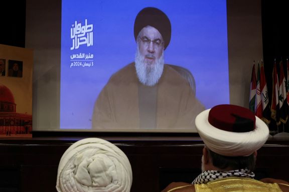 Lebanon's Hezbollah leader Sayyed Hassan Nasrallah speaks in a pre-recorded message shown on a screen during an event ahead of al-Quds (Jerusalem) Day on Friday April 5, in Beirut, Lebanon April 3, 2024.