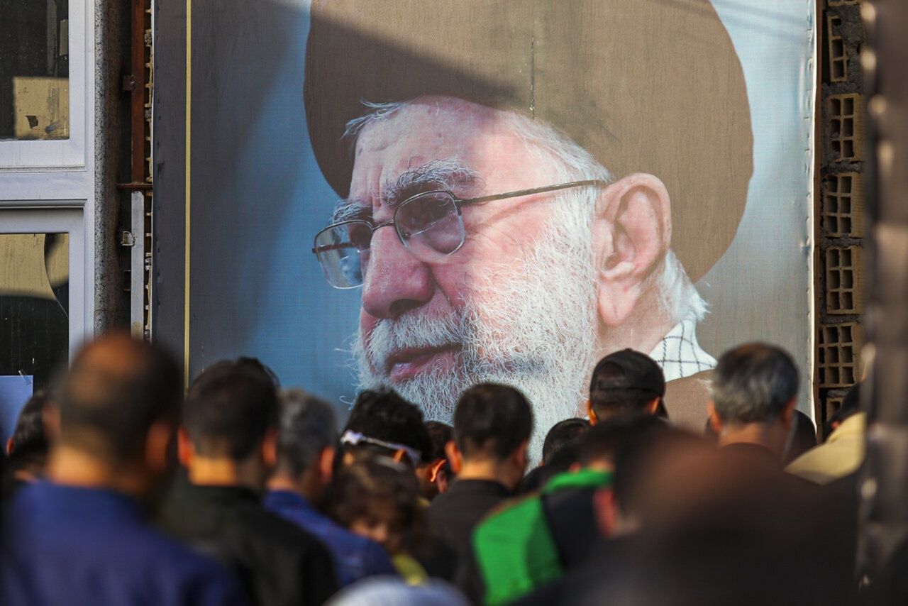 Pro-establishment participants gather during the funeral procession for Ali Khamenei in Tehran on July 6, 2026.