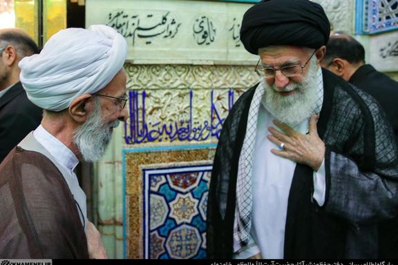 Mohammad-Taghi Mesbah-Yazdi (left) and Supreme Leader Ali Khamenei