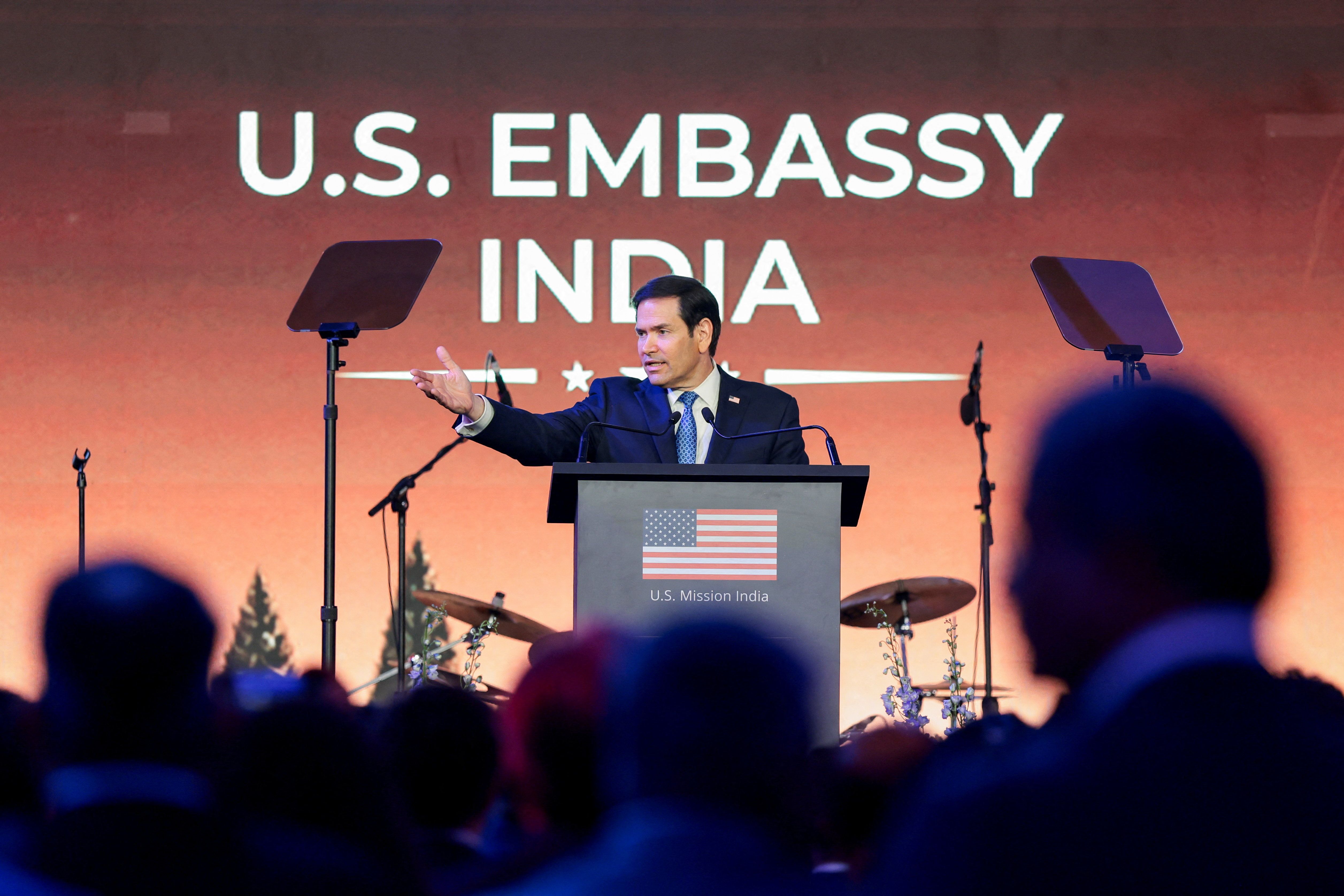 US Secretary of State Marco Rubio speaks during a Freedom 250 reception at the Jio World Convention Centre in Mumbai, India, October 20, 2026. 