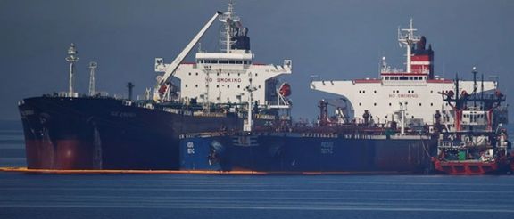 The Liberian-flagged oil tanker Ice Energy transfers crude oil from the Iranian-flagged oil tanker Lana (former Pegas), off the shore of Karystos, on the Island of Evia, Greece, May 26, 2022.