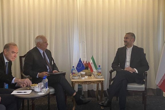 Iranian Foreign Minister Hossein Amir-Abdollahian (right) during a meeting with EU's Foreign Policy Chief Josep Borrell in New York on September 19, 2023