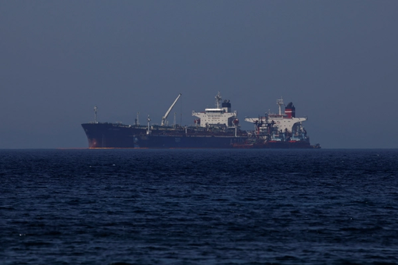 The Liberian-flagged oil tanker Ice Energy transfers crude oil from the Iranian-flagged oil tanker Lana (former Pegas), off the shore of Karystos, on the Island of Evia, Greece, May 26, 2022.