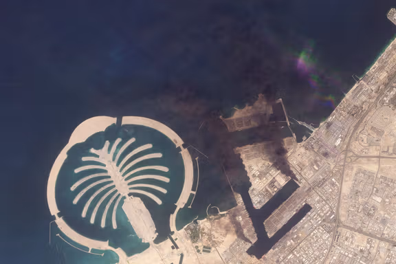 A satellite image of Jebel Ali Port, after one of the berths caught fire because of debris from an intercepted missile, in Dubai, United Arab Emirates, on March 1, 2026.
