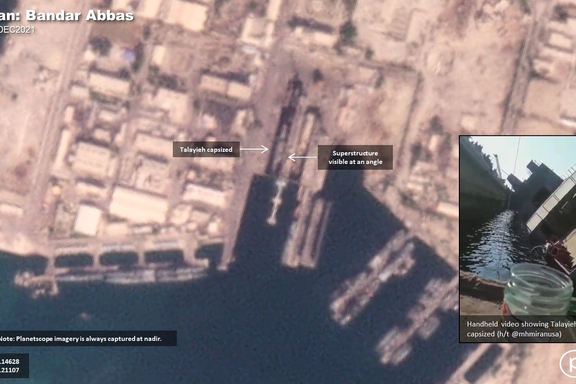 Satellite imagery showing location of capsized Iranian navy ship.