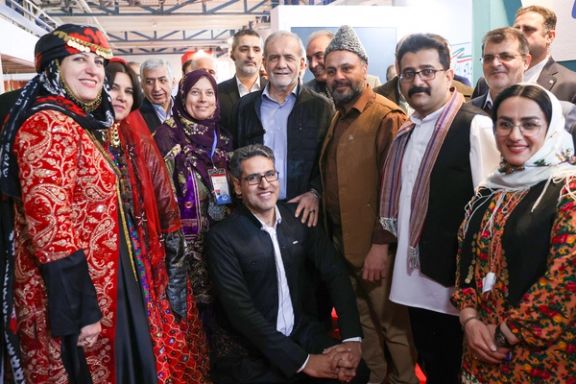 Iranian President Masoud Pezeshkian during a visit to a tourism expo in Tehran, February 11, 2025