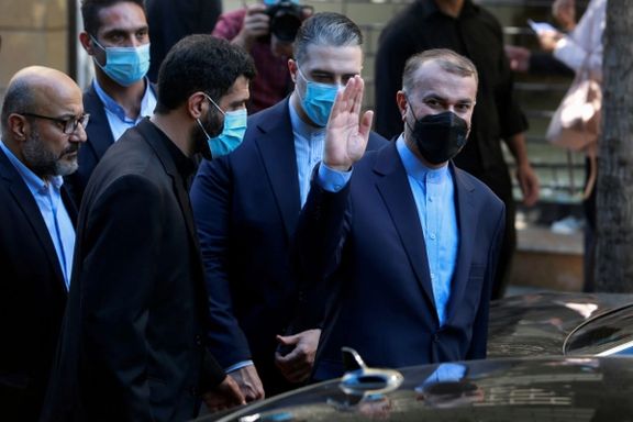 Iranian Foreign Minister Hossein Amir-Abdollahian gestures after his joint press conference with Lebanese Foreign Minister, in Beirut, October 7, 2021.
