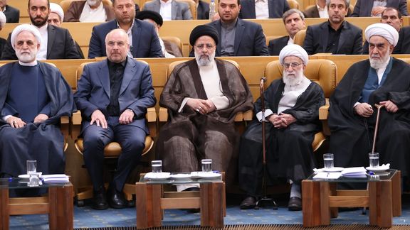 (From left to right) Chief Justice Gholam-Hossein Mohseni-Ejei, Parliament Speaker Mohammad-Bagher Ghalibaf, Iran’s President Ebrahim Raisi, Chairman of the Assembly of Experts and the head of the Guardian Council Ahmad Jannati, and Gholamhossein Mohammadi Golpayegani, the head of Supreme leader's office during an event in Tehran on June 26, 2023