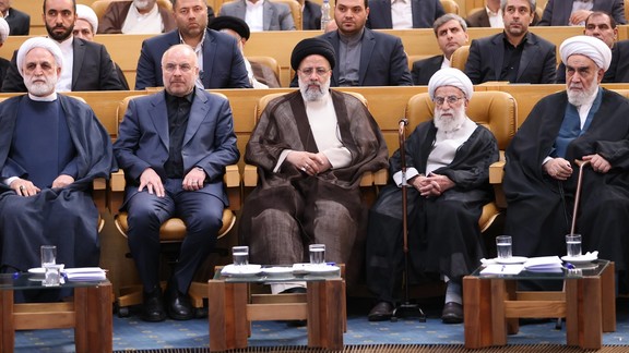 (From left to right) Chief Justice Gholam-Hossein Mohseni-Ejei, Parliament Speaker Mohammad-Bagher Ghalibaf, Iran’s President Ebrahim Raisi, Chairman of the Assembly of Experts and the head of the Guardian Council Ahmad Jannati, and Gholamhossein Mohammadi Golpayegani, the head of Supreme leader's office during an event in Tehran on June 26, 2023