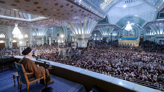 Iran’s ruler Ali Khamenei addressing a ceremony to mark 34th death anniversary of the Islamic Republic’s founder Ruhollah Khomeini at his mausoleum near Tehran on June 4, 2023