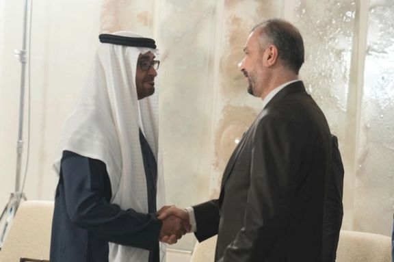 Iranian Foreign Minister Hossein Amir-Abdollahian meets with Sheikh Mohamed bin Zayed, the president of the United Arab Emirates in Abu Dhabi on June 22, 2023.