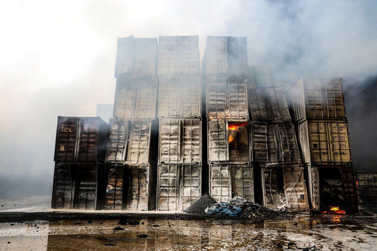 Containers burning at Rajaei port, Bandar Abbas (April 2025)