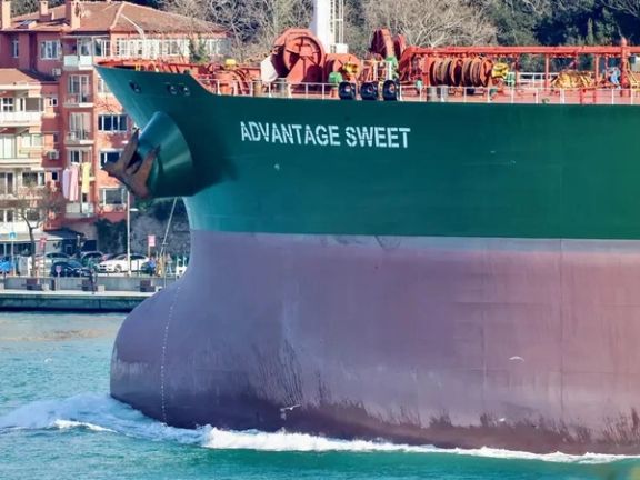 Marshall Islands-flagged oil tanker Advantage Sweet, which, according to Refinitiv ship tracking data, is a Suezmax crude tanker which had been chartered by oil major Chevron and had last docked in Kuwait, sails through Bophorus Istanbul, Turkey, February 11, 2023.
