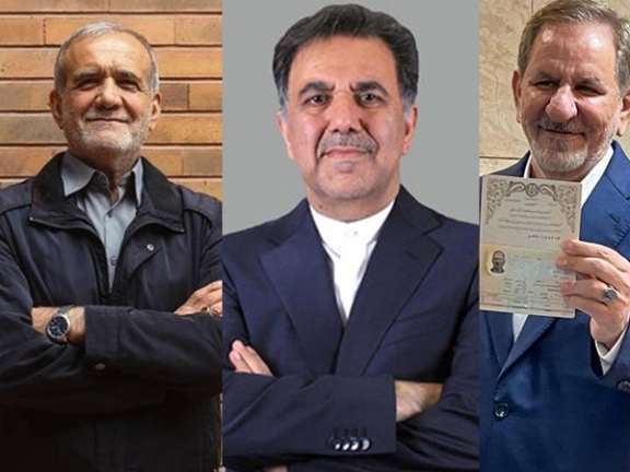 Iran's Presidential election hopefuls Masoud Pezeshkian (R), Abbas Akhoundi (M), and Es'haq Jahangiri (Left) (Undated)