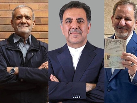 Iran's Presidential election hopefuls Masoud Pezeshkian (R), Abbas Akhoundi (M), and Es'haq Jahangiri (Left) (Undated)