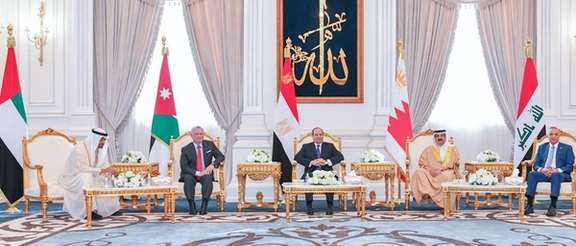 (From left to right) President of the United Arab Emirates Sheikh Mohamed bin Zayed Al Nahyan, Jordan’s King Abdullah II bin Al Hussein, Egyptian President Abdel Fattah El-Sisi, Bahrain’s King Hamad bin Isa Al Khalifa, and Iraqi Prime Minister Mustafa Al-Kadhimi (Photo: Egypt’s presidency.eg)