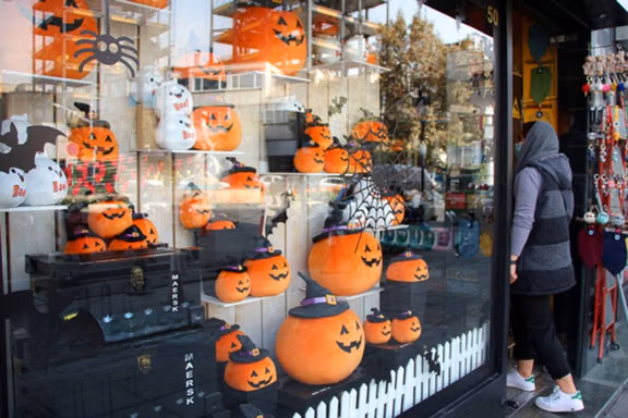 Halloween pumpkin toys are displayed at a shop in Tehran, File Photo.