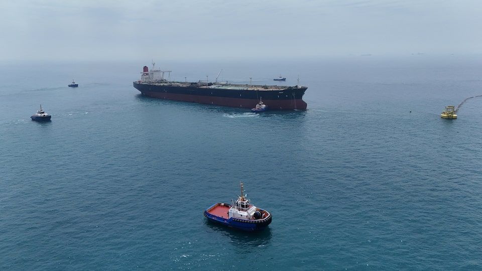 Drone view of oil tanker HELGA berthed at one of Iraq's southern offshore oil terminals near Basra as it prepares to load crude oil, becoming the second vessel to arrive since the closure of the Strait of Hormuz, April 24, 2026. 