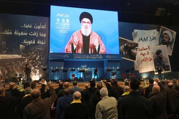Hezbollah leader Hassan Nasrallah speaking to followers on Feb. 16, 2022