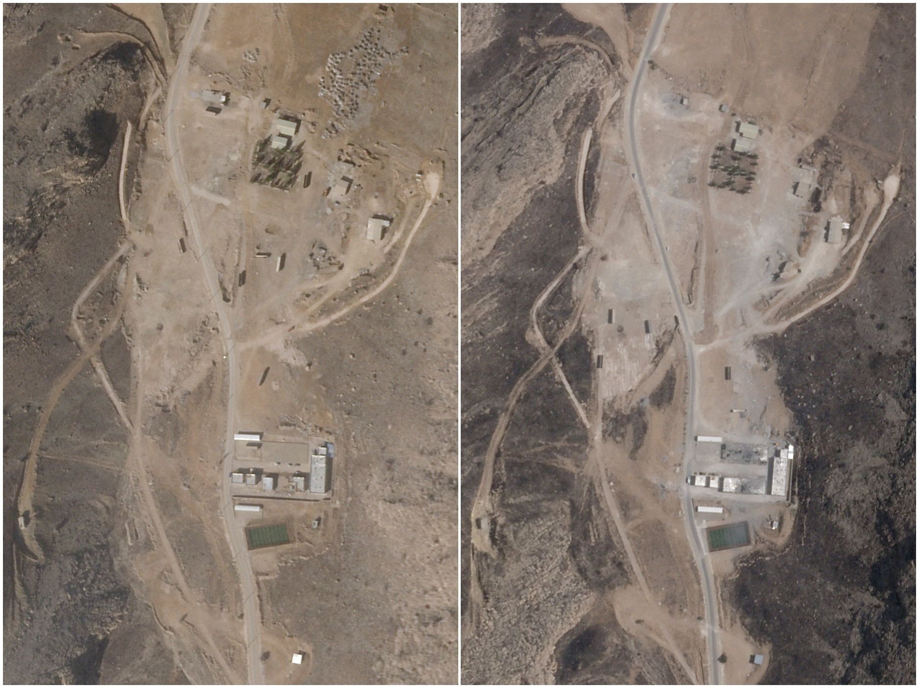 Satellite images show Iran’s Shiraz South missile base before reconstruction on July 3, 2025 (right), and after repair and clearance work on Jan. 30, 2026 (left).