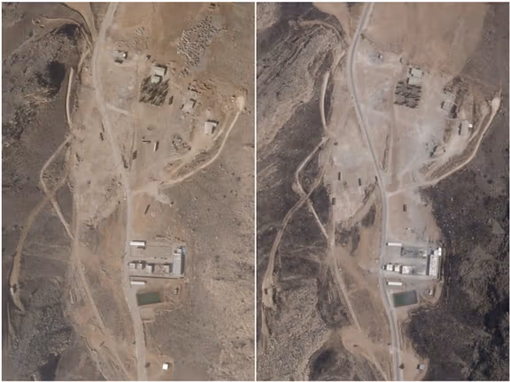 Satellite images show Iran’s Shiraz South missile base before reconstruction on July 3, 2025 (right), and after repair and clearance work on Jan. 30, 2026 (left).