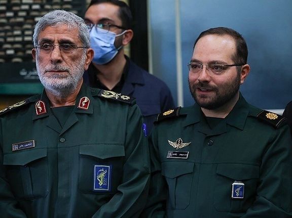 Mohammad-Mehdi Zahedi (right), the son of slain IRGC general Mohammed-Reza Zahedi, and IRGC-Quds Force Commander-in-Chief Esmail Ghaani (Qaani) during a memorial gathering for Zahedi on April 7, 2024