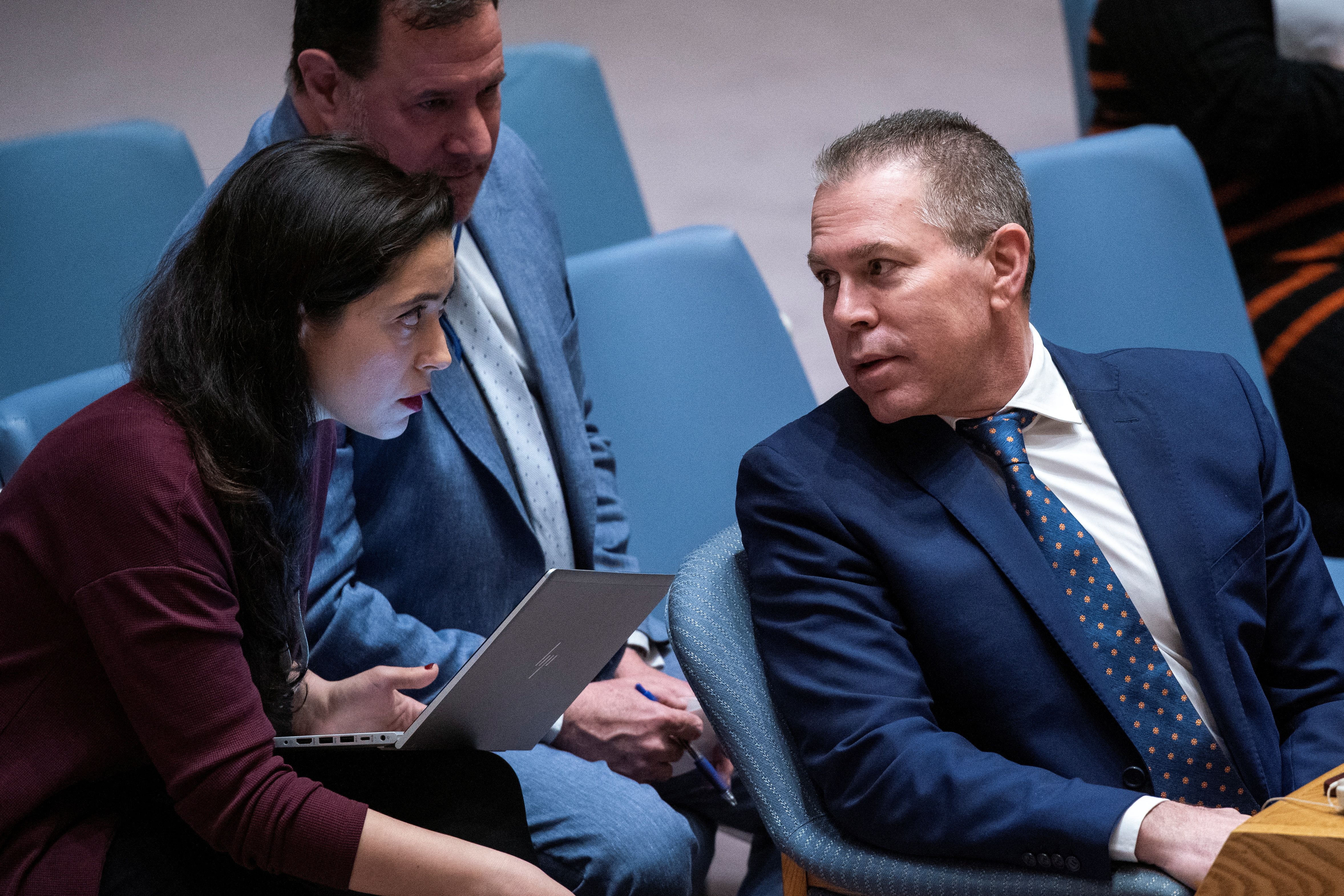 Israel's Ambassador to the United Nations Gilad Erdan speaks with delegates while members of United Nations Security Council attend a meeting on the situation in the Middle East at UN headquarters in New York City, New York, US, April 14, 2024. 