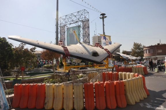 An Iranian drone is displayed during the Iranian Defence Week, in a street in Tehran, Iran, September 25, 2025.