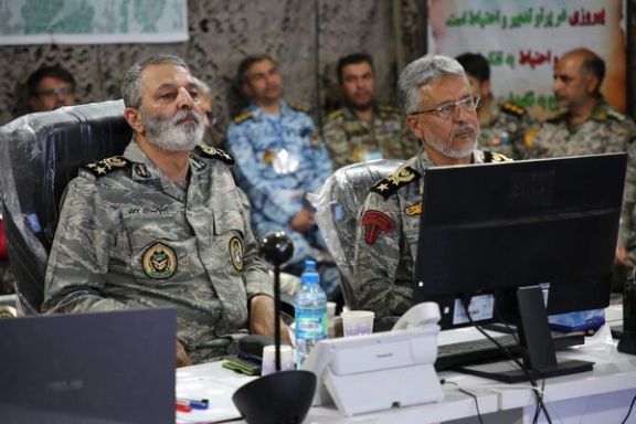 Iran’s Army Commander-in-Chief Abdolrahim Mousavi (left) and Rear Admiral Habibollah Sayyari, the Deputy Chief of Iran's Army for Coordination (right) at the command center of an electronic warfare drills in central Iran (August 2023)
